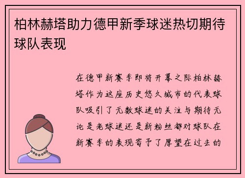 柏林赫塔助力德甲新季球迷热切期待球队表现